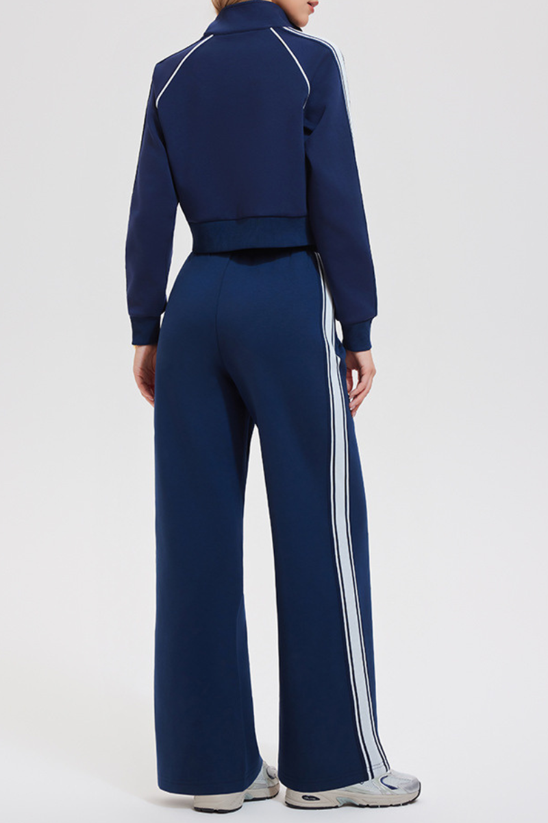 Women's Retro Color-Blocked Striped Athletic Set:Jacket & Pant