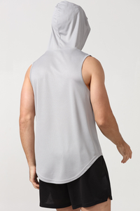 Men's Hooded Curved Hem Mesh Quick Dry Athletic Tank Top
