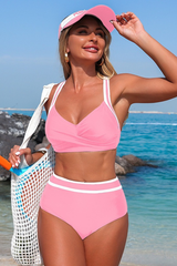 Women's V-neck Color Block High Waist Cross Back Bikini