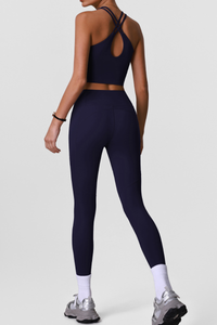 Women's Sports Sets:Cross Back Bra And Side Pocket Leggings