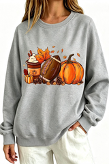 Women's Fall Halloween Pumpkin Football Coffee Print Thin Sweatshirt