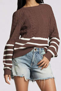 Women's Winter Crew Neck Cable Knit Contrast Stripe Sweater