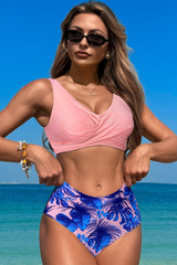 Women's V-neck Pleated Printed High-Waist Two-Piece Bikini