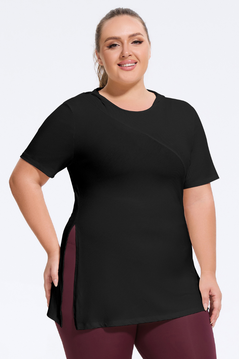 Plus Size Women's Ribbed Slit Yoga  Hooded T-Shirt