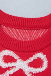 Women Red Crew Neck Sweater All Over White Bow Long Sleeve