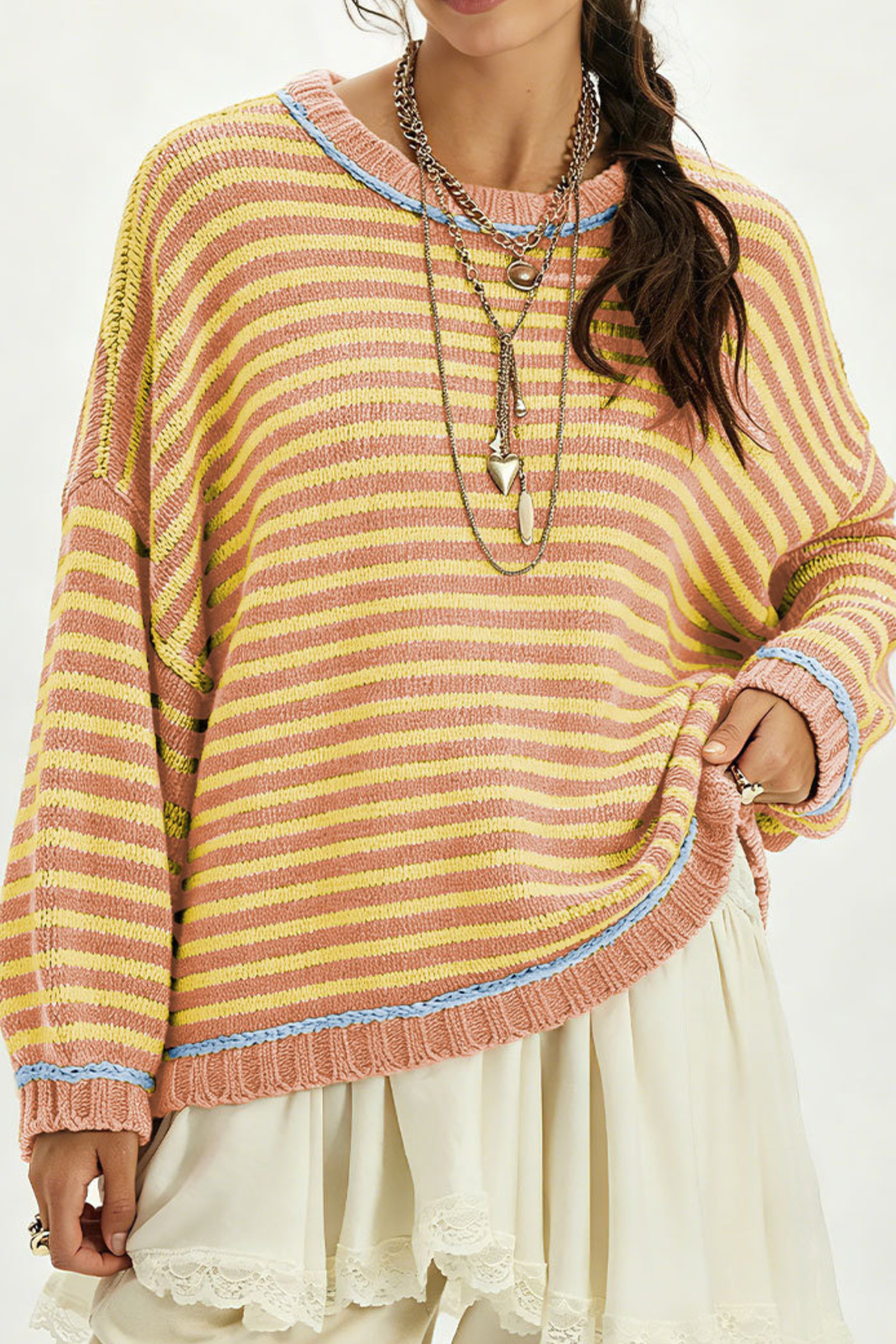 Women’s Winter Boho Striped Contrast Trim Knit Sweater