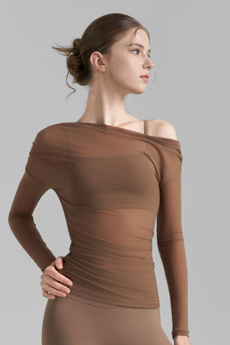 Women's Retro Asymmetric Ruched Mesh Top And Bra Sets