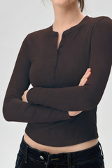 Women's Henley Neck Ribbed Slim Fit Long Sleeve Sports Top