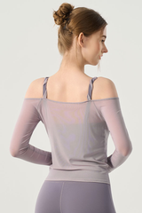 Women’s Twist Strap  Sheer Off-Shoulder Padded Yoga Top