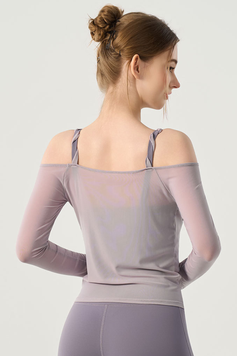 Women’s Twist Strap  Sheer Off-Shoulder Padded Yoga Top