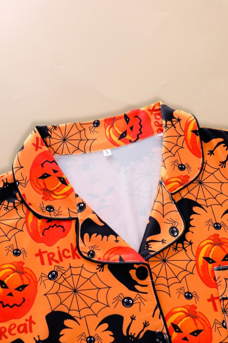 Women's Halloween Pumpkin Bat Spider Web Print Pajama Set