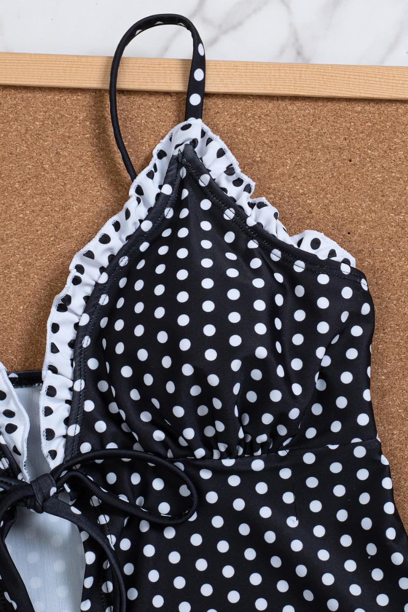 Women's Summer Polka Dot Ruffle Trim Side Tie Tankin Sets
