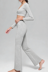 Women's V-Neck Ruched Long-Sleeve Top & Flare Pant Sport Set