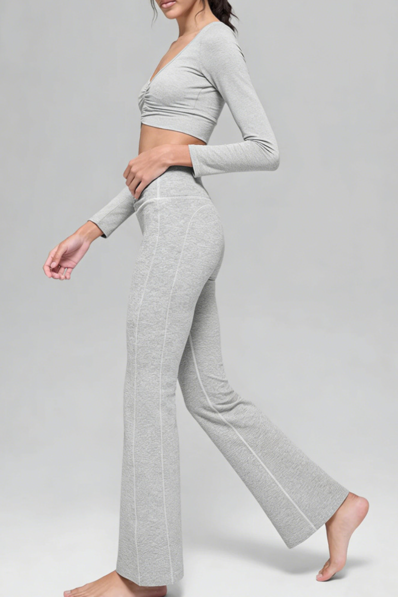 Women's V-Neck Ruched Long-Sleeve Top & Flare Pant Sport Set