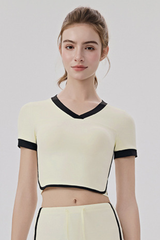 Women Slim Color Block V neck Cropped Yoga Athletic Tee