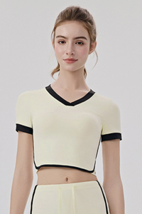 Women Slim Color Block V neck Cropped Yoga Athletic Tee