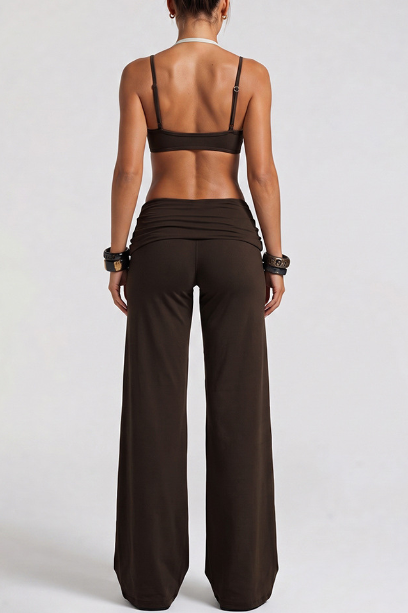 Women's Two-Piece Look Bra And Ruched Waist Wide-Leg Pants Yoga Set