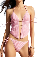 Women's Textured Halter Deep V Drawstring Bikini Set