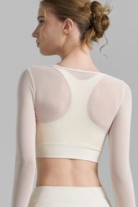 Women's Mesh Fake Two Piece Pleated Long Sleeve Yoga Top