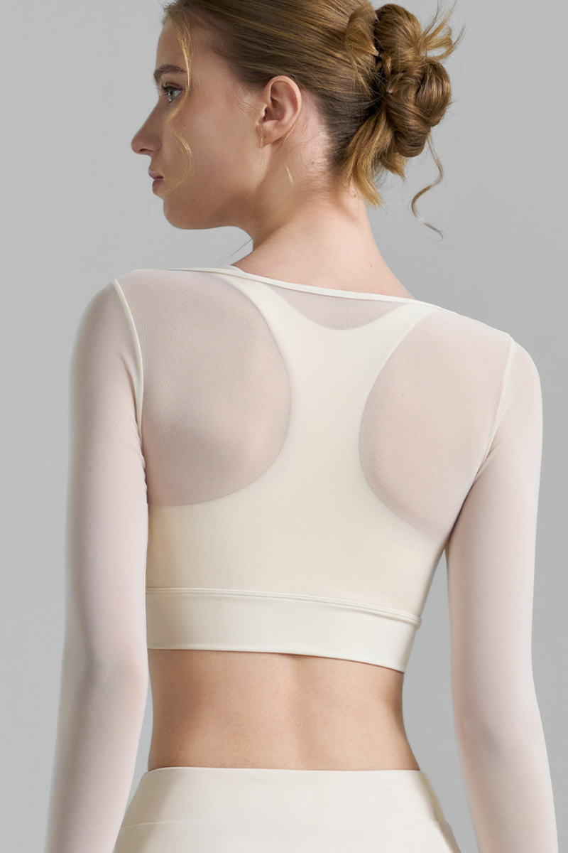 Women's Mesh Fake Two Piece Pleated Long Sleeve Yoga Top