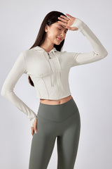 Women Hooded Drawstring Short Slim Outdoor Sports Fitness Yoga Jacket