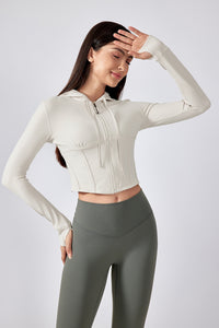 Women Hooded Drawstring Short Slim Outdoor Sports Fitness Yoga Jacket