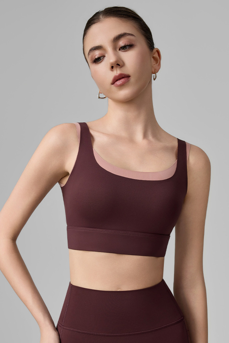 Women's Wide Strap Color-Block Faux Two-Piece Sports Bra