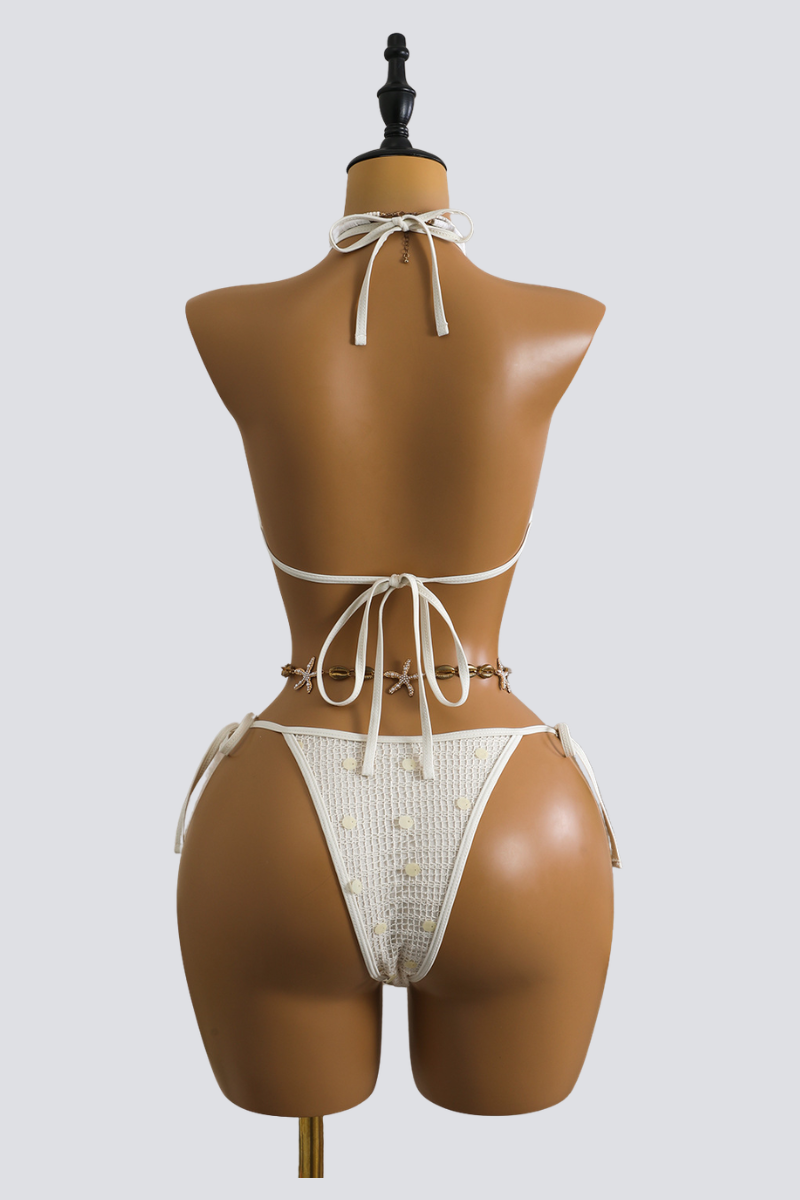 Women's Summer Beaded Halter Triangle Cup Bikini 3 Piece Set