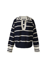 Women's Contrast Stripe Collared V Neck Knit Sweater