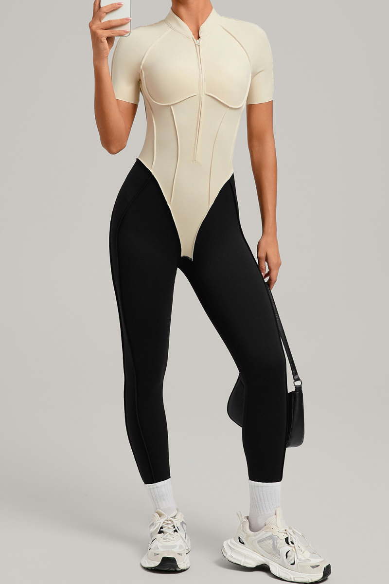 Women's Athletic Stand Collar Color Block Yoga Jumpsuit