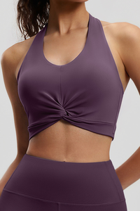 Women's Twist‑Front Halterneck Padded Cropped Sport Tank Top