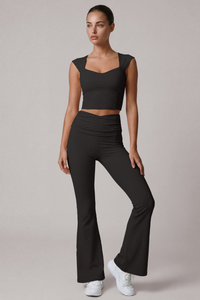 Women's Cropped Top And Pleated Waist Flare Pants Yoga Set