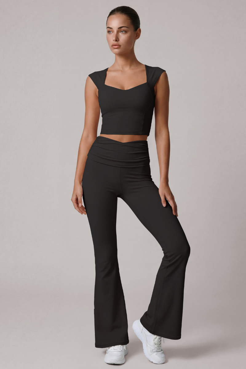 Women's Cropped Top And Pleated Waist Flare Pants Yoga Set