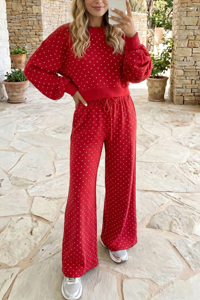 Women's Fall Set:Polka Dot Cropped Sweatshirt And Pants