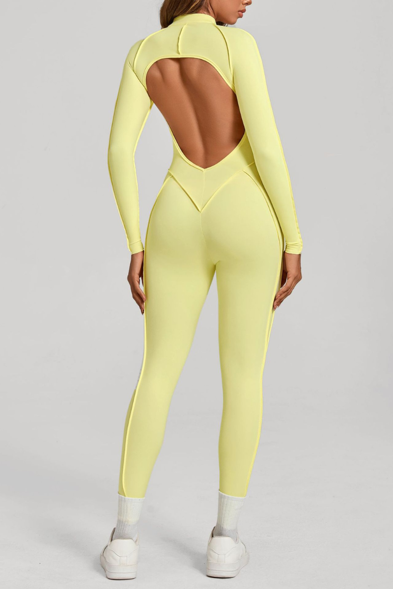 Women's Half-Zip Open Back Jumpsuit with Contoured Seams