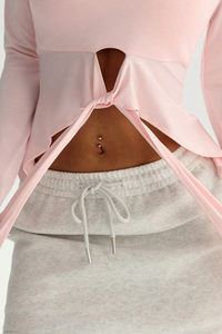 Women's U‑Neck Tie‑Waist Fitted Crop Soft  Long Sleeve Top