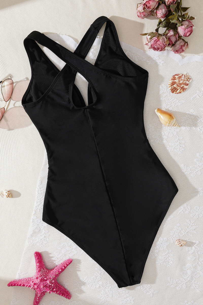 Women's V-Neck Cross Back Pleated Fitted Solid Swimsuit