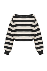 Women's Winter Boat Neck Boho Striped Cropped Knit Sweater