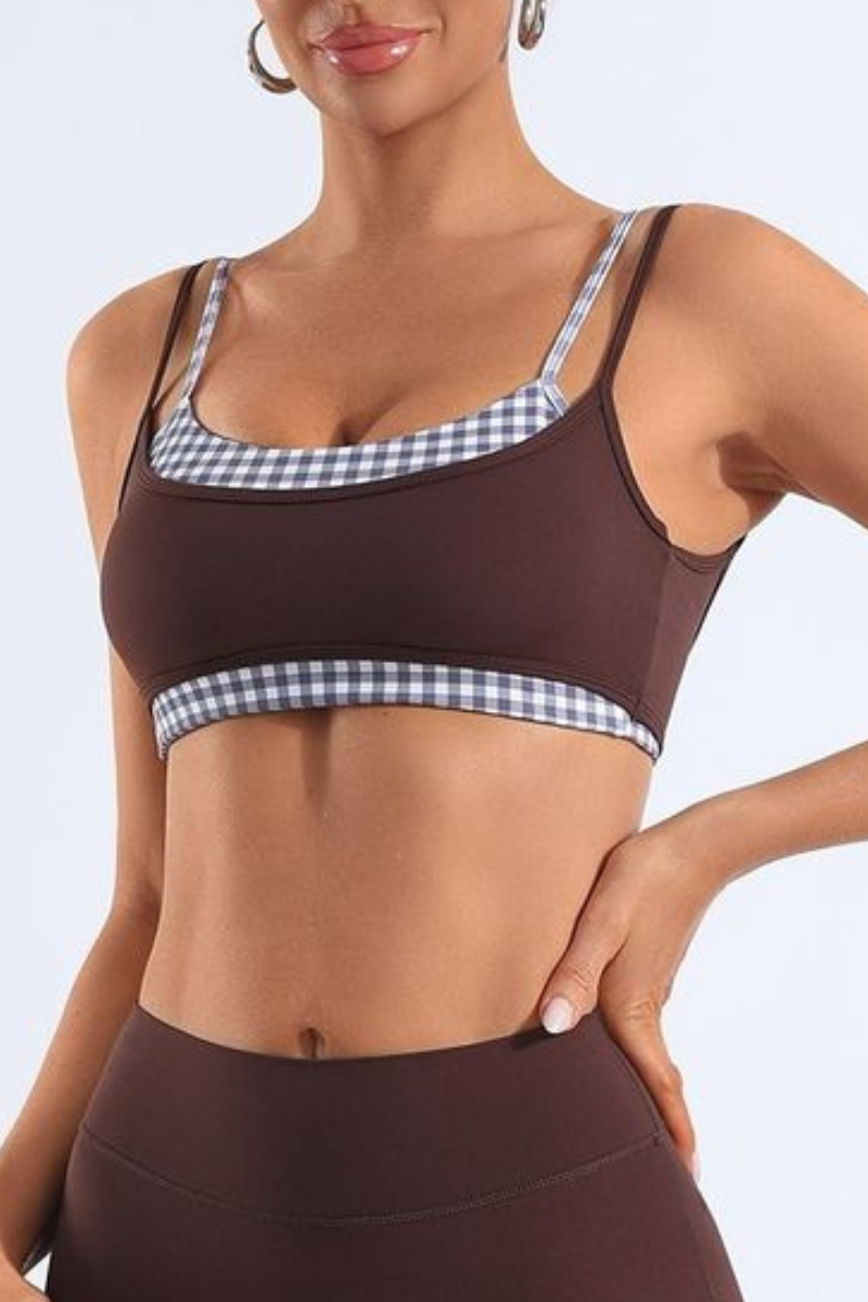 Women's Bare Feel Plaid Patchwork Double Thin Strap Yoga Bra