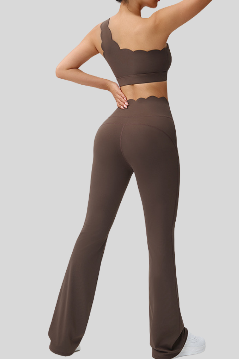 Women's Scalloped One Shoulder Bra & Flared Yoga Pants Set