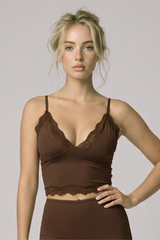 Women's Lace V-Neck Thin Strap Crop Pilates Top with Lace