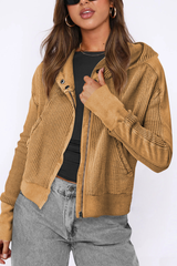 Zipper-fastened short-sleeved knitted sweater