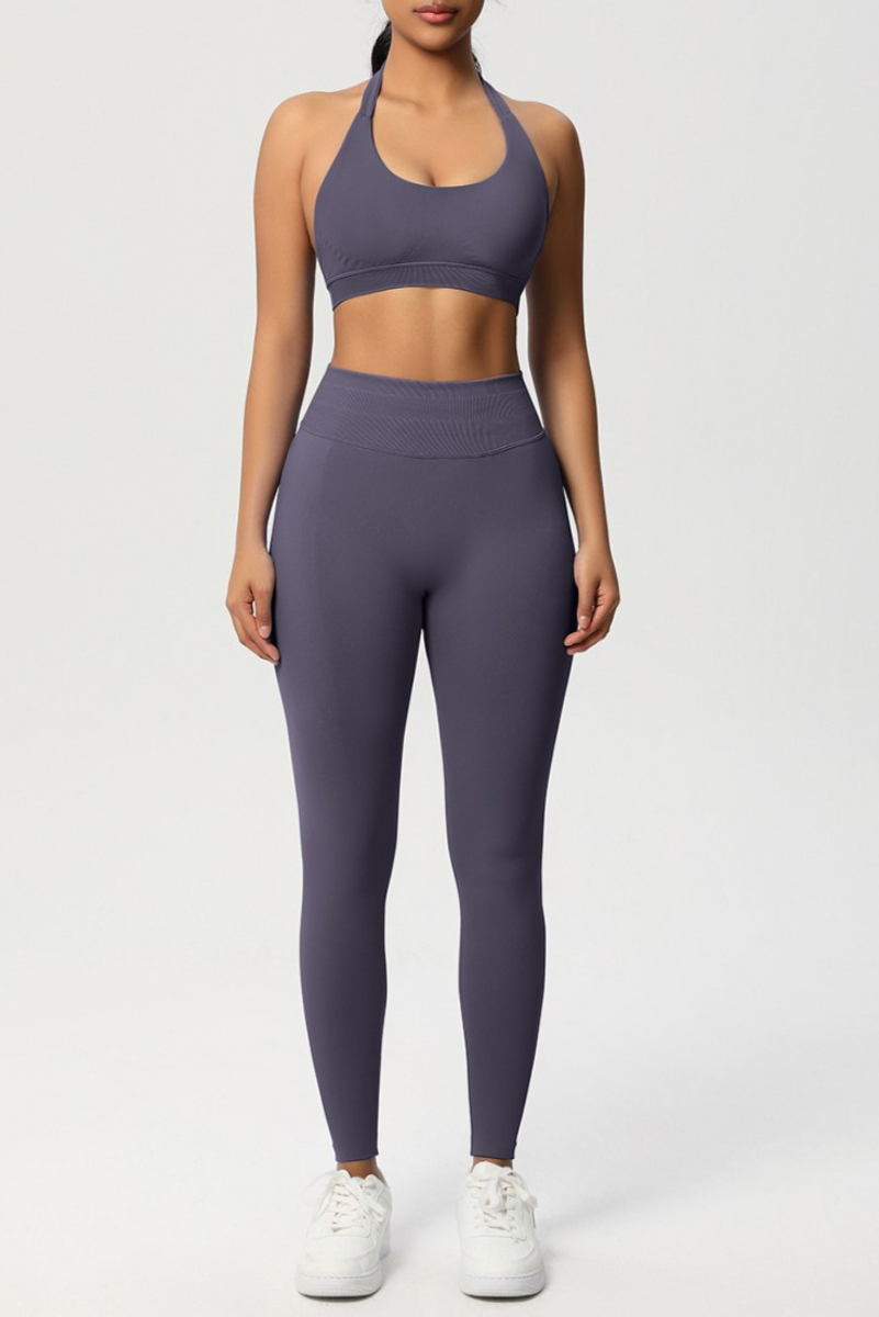 Women Seamless Knit Yoga Set: Halter Back Sports Bra + Sculpting Leggings