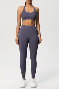 Women Seamless Knit Yoga Set: Halter Back Sports Bra + Sculpting Leggings