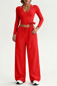 Women Fall Set:Tank Top & Wrap Tie Long Sleeve Top & Pants