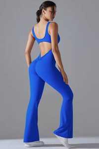 Women's U-neck Pleated Buttocks Lift Flared Pants Jumpsuit