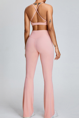 Women's Athletic Set:U-neck Cross Back Bra And Flare Pants