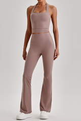 Women's Brushed Halter Tank Top & Yoga Flared Pants Set