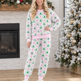 Women's Fall Thin Striped Hem Christmas Tree Pajama Sets