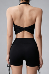 Women's Halter Twist Back Bra And Side Drawstring Short Set